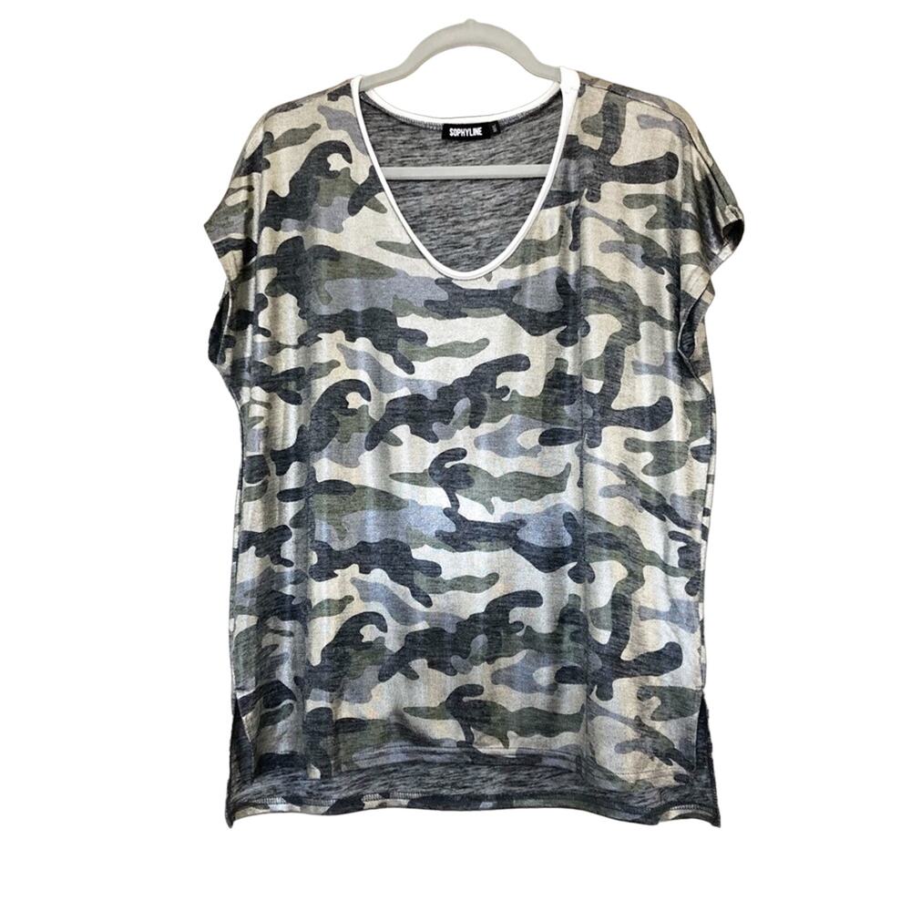 Sophyline Short Sleeve Camouflage Metallic Knit Top Large L NWOT